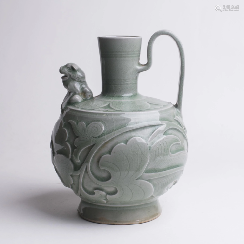 Chinese Yaozhou Carved Celadon Porcelain Pitcher