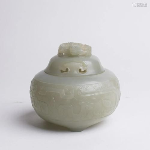 Chinese Pale Celadon Jade Incense Burner & Cover