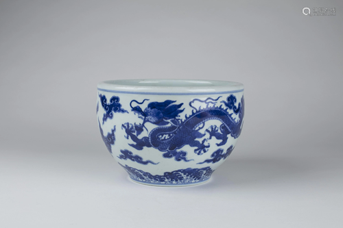 Chinese Blue & White Porcelain Dragon Fish Bowl