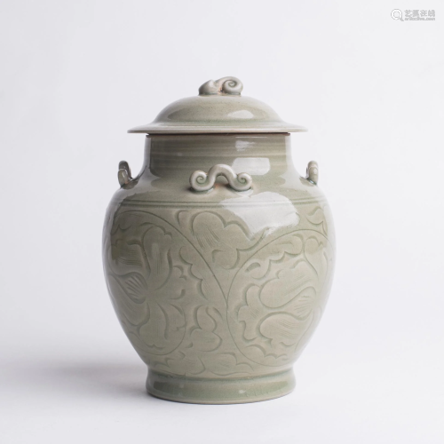 Chinese Yaozhou Celadon Porcelain Covered Jar