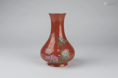 Chinese Famille Rose on Coral Glaze Porcelain Vase