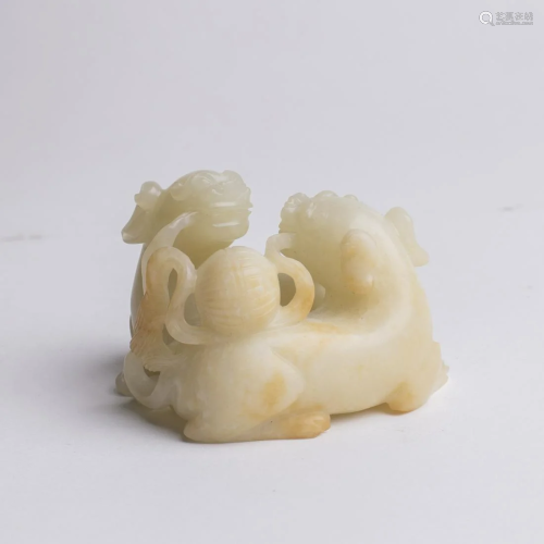 Chinese Yellow Jade Pair Fu Dogs & Brocade Ball