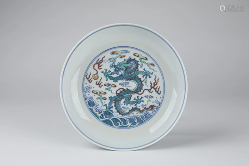 Chinese Doucai Porcelain Plate 5-Claw Dragon