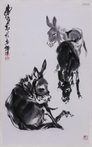 Chinese Ink Painting on Paper 3 Donkeys