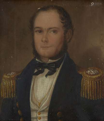 British School, early-mid 19th century- Portrait of a naval officer, quarter-length a blue coat with