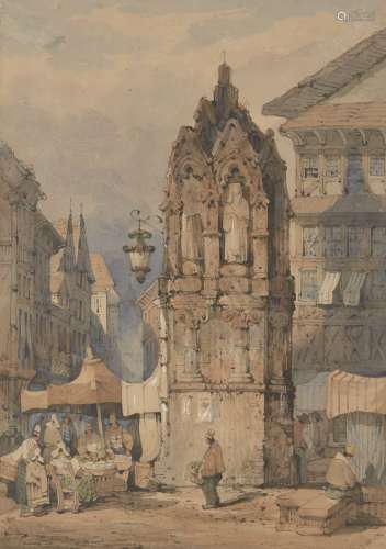 Samuel Prout OWS, British 1783-1852- The Croix de Pierre, Rouen; watercolour, signed, 38.