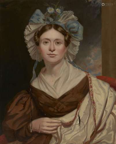 British School, early-mid 19th century- Portrait of a lady, half-length in a brown dress and bonnet;