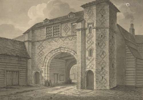 Charles John Mayle Whichelo, British 1784-1865- St Saviour’s Gate, Bermondsey Abbey; pen and black