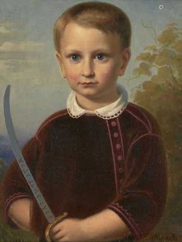 August Noack, German 1822-1905- Portrait of a young boy, half-length in a red coat holding a