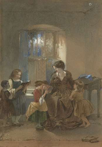 Thomas Faed RI, Scottish 1826-1900- The Governess; watercolour on buff coloured paper, 25x17.5cm