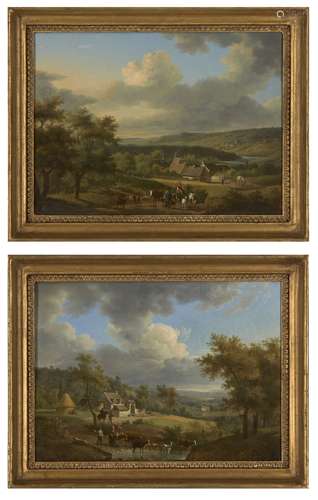 Attributed to Jan Baptiste de Jonghe, Flemish 1785-1844- Wooded landscapes with figures, cattle,