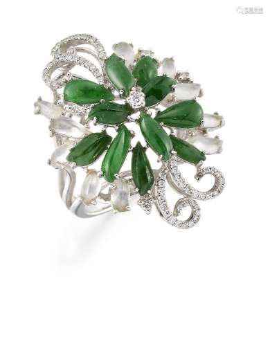 A jadeite jade and diamond cluster ring, designed as a flowerhead, the green and white jadeite