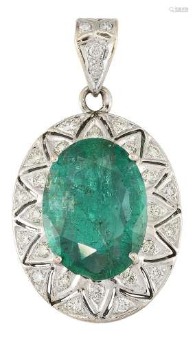 An emerald and diamond pendant, the oval emerald within a brilliant-cut diamond pierced surround and