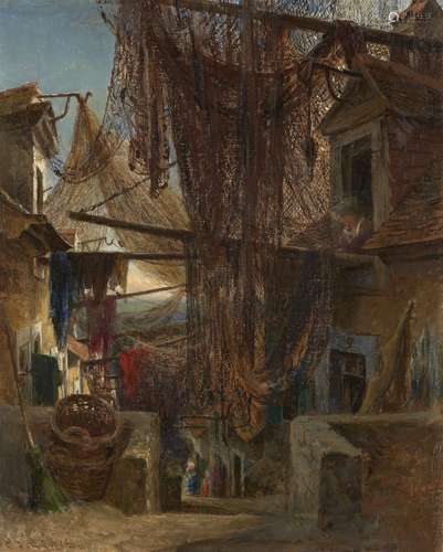 Charles James Lewis RI ROI, British 1830-1892- Drying nets, rue de Falaise, Boulogne; oil on canvas,