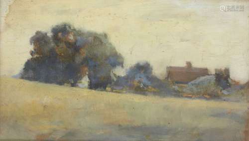 British Impressionist School, late 19th century- View of a cottage with woodland; oil on panel, 12.