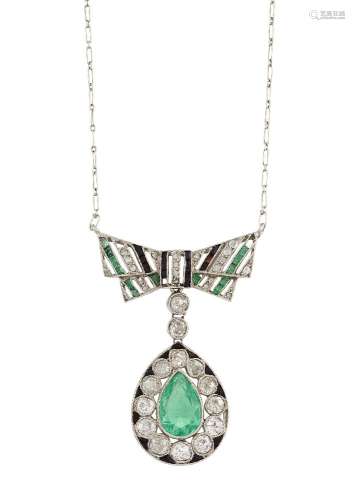 A Belle Epoque, emerald, diamond and onyx bow pendant necklace, designed as a pear-shaped emerald