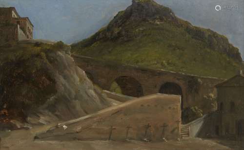 Auguste Jean-Baptiste Vinchon, French 1789-1855- A Bridge leading to a villa; oil on paper laid down