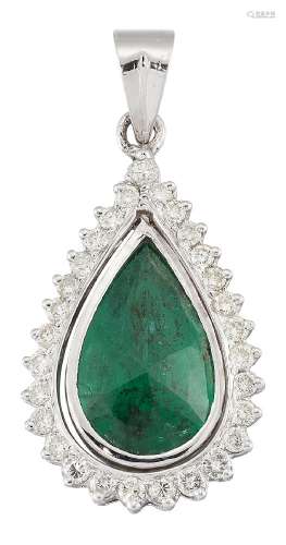 An emerald and diamond pendant, the fancy-cut pear shaped emerald within a brilliant-cut diamond