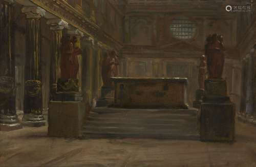 Auguste Jean-Baptiste Vinchon, French 1789-1855- View of a Tomb in the nave of a Basilica; oil on