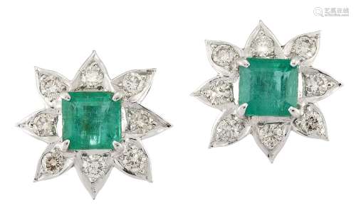 A pair of emerald and diamond cluster earrings, of flowerhead design, each cut-cornered square