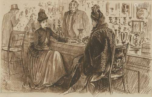 George du Maurier, French/British 1834-1896- Shopping; pen and brown ink, signed, 12x18.5cm