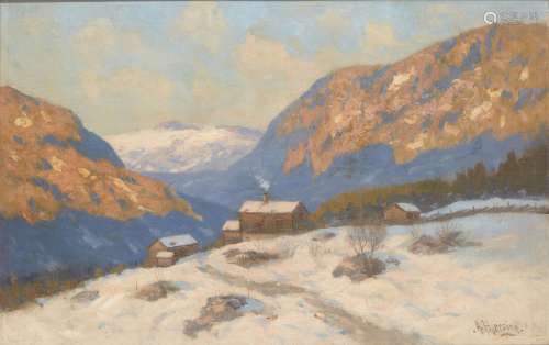 Arne Hjersing, Norwegian 1860-1925- Cottage in an mountain winter landscape; oil on canvas,