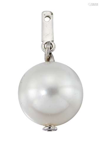 A single cultured pearl and diamond drop, the pearl measuring approximately 13.3mm with a single