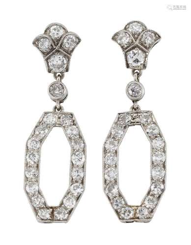 A pair of diamond drop earrings, the old circular-cut diamond hexagonal loop drops to old