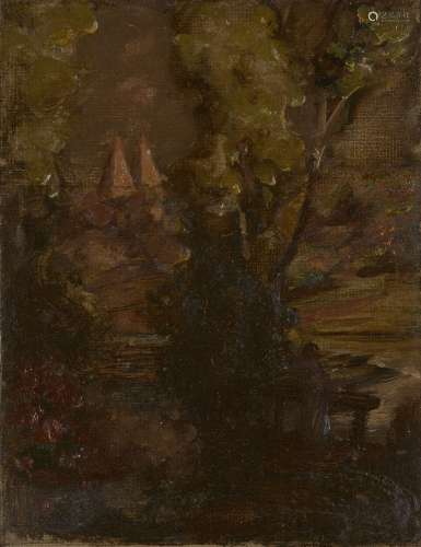 British School, late 19th century- View of woodland with a river and Oast houses; oil on canvas laid
