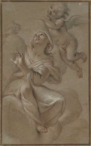 Attributed to Giacinto Brandi, Italian 1623-1691- A female Saint in glory accompanied by an angel;