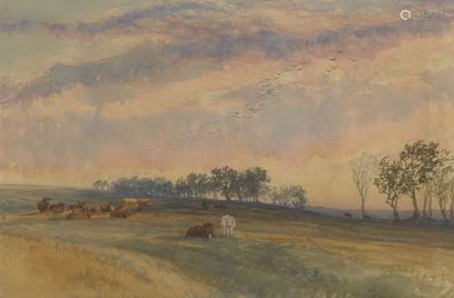 Henry Moore RA, British 1831-1895- Upland Moor with Cattle at Sunset; watercolour, 22x33cm