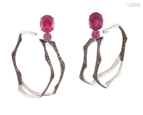 A pair of pink tourmaline, ruby and black gem hoop ear clips, by Gavello, the cushion and circular-