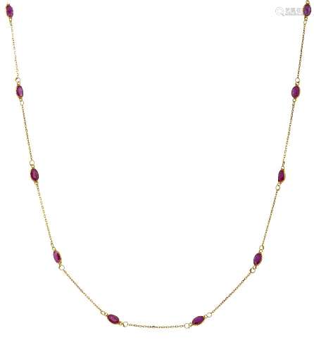 An 18ct gold and ruby necklace, composed as a line of oval and cushion ruby collets, length