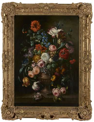 Follower of Rachel Ruysch, Dutch 1664-1750- Flowers in an urn on a ledge; oil on canvas,