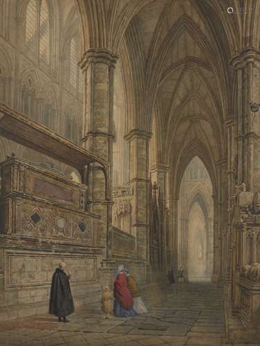 Attributed to Frederick Nash, British 1782-1856- Westminster Abbey with figures, 1840;