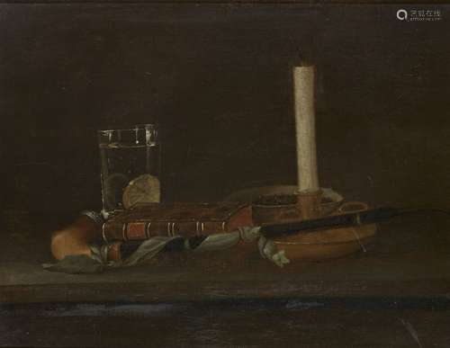 French School, early 19th century- Still life of a chamber stick, a meerschaum pipe, a book and a