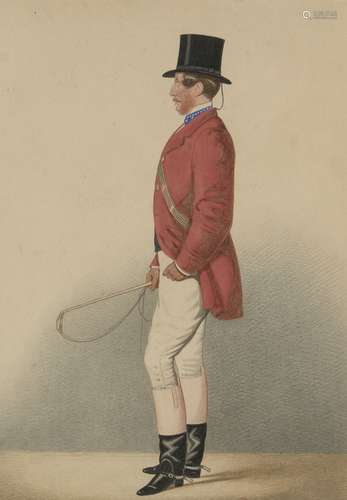 Richard Dighton, British 1795-1880- Portrait of a huntsman standing full-length holding a riding