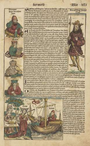 Hartmann Schedel, German 1440-1514- Weltchronik, plates XLI, XXXV, CXVII, CXI, 1493; woodcuts with