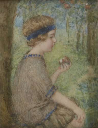 Annie Underwood RBA RMS, British 1876-1942- The Green Apple, 1913; Portrait miniature, inscribed