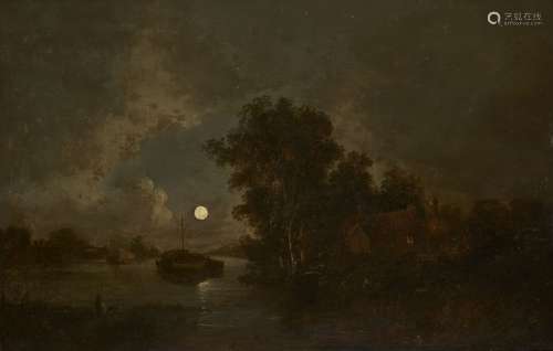 Attributed to Sebastian Pether, British 1790-1844- Moonlit river scene with moored shipping, a