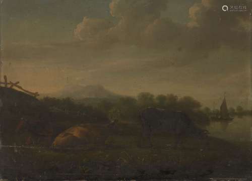 Circle of Frans Swagers, Dutch 1756-1836- Cattle resting in a pasture by the banks of a river; oil