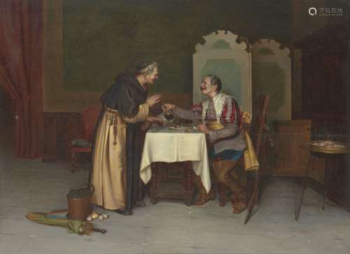 F Pengani, Italian, late 19th century- A monk refusing more wine; oil on panel, signed, 33.7x44.