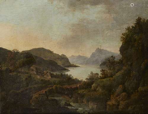 Circle of Alexander Nasmyth RBA, Scottish 1758-1840- Highland landscape with cottages woodland, a