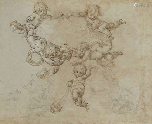 Attributed to Guglielmo Caccia, called Il Moncalvo, Italian 1568-1625- Flying Putti holding a