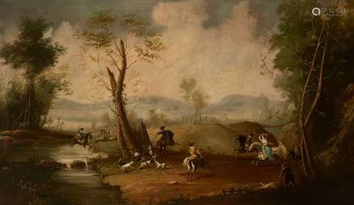 Manner of Philips Wouwerman, early 20th century- Elegant hunting party in a wood with hounds; oil on