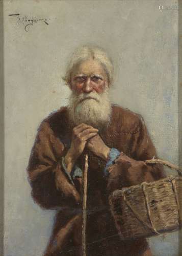 P V Yavtushenko, Russian, late 19th/early 20th century- Portrait of an old man standing leaning on a