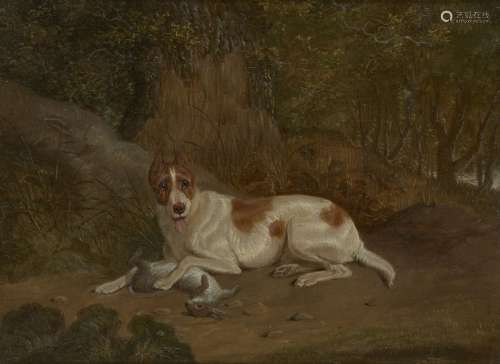 Circle of Charles Towne, British 1763-1840- Dog with a hare in woodland; oil on canvas, 19.5x26.