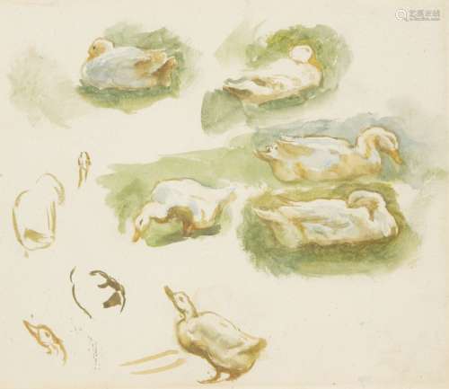 Helen Allingham RWS, British 1848-1926- Studies of ducks; watercolour, 15.2x17.5cm Provenance: