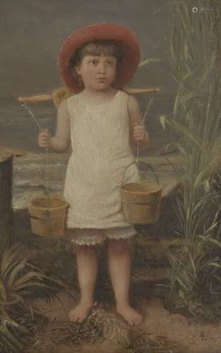 British School, late 19th century- Girl by the seaside with two wooden buckets; oil on panel, signed