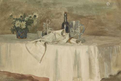 Professor Frederick Brown NEAC, British 1851-1941- A Dining Table Still-Life; watercolour, signed